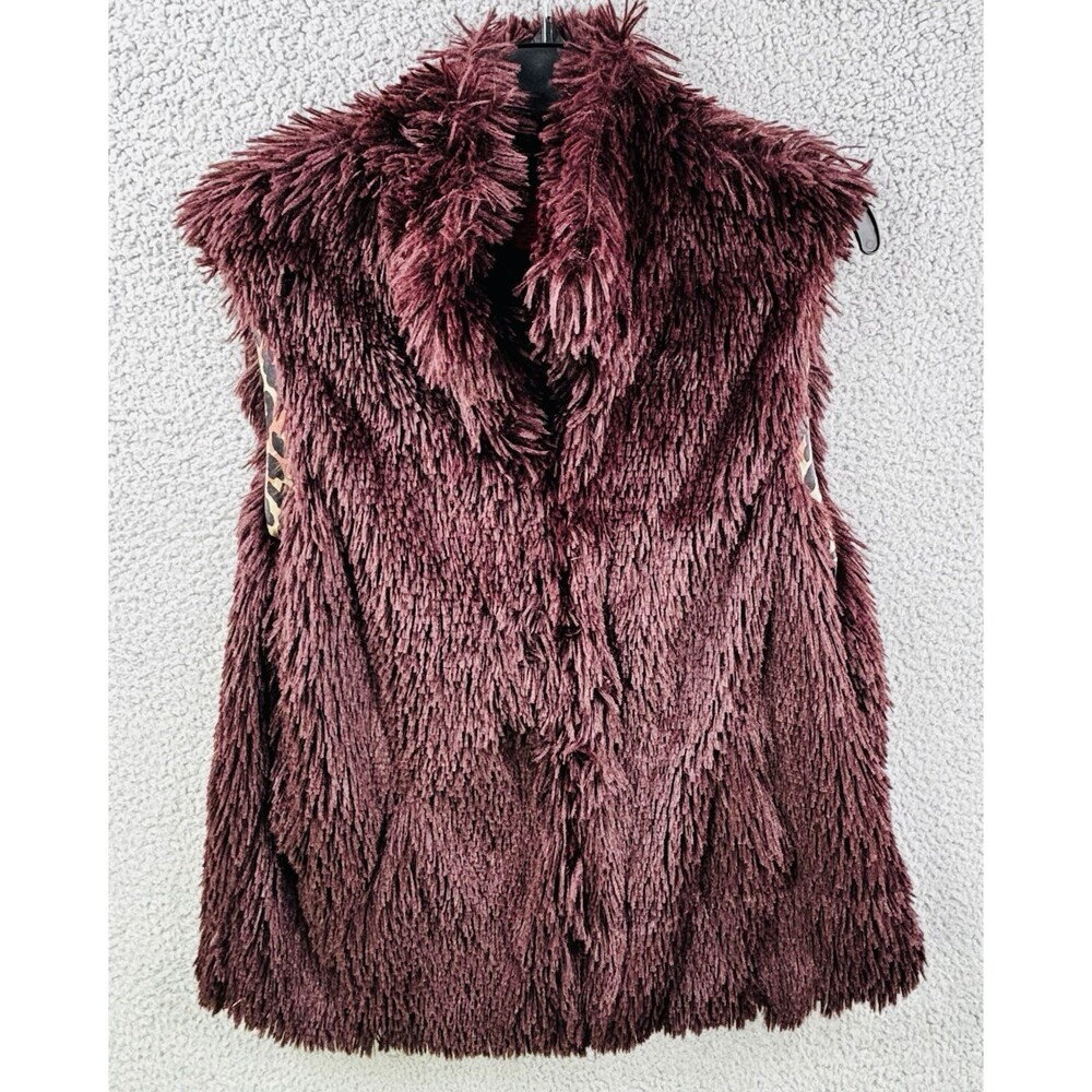 Betsey Johnson Shag Vest Large Brown Faux Fur Leopard Print Lining Pockets VTG